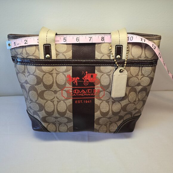 Coach Heritage Signature Stripe Tan/Brown/Red Bucket Bag - Picture 3 of 13